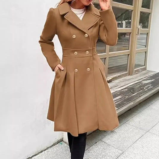 Tan double-breasted coat.