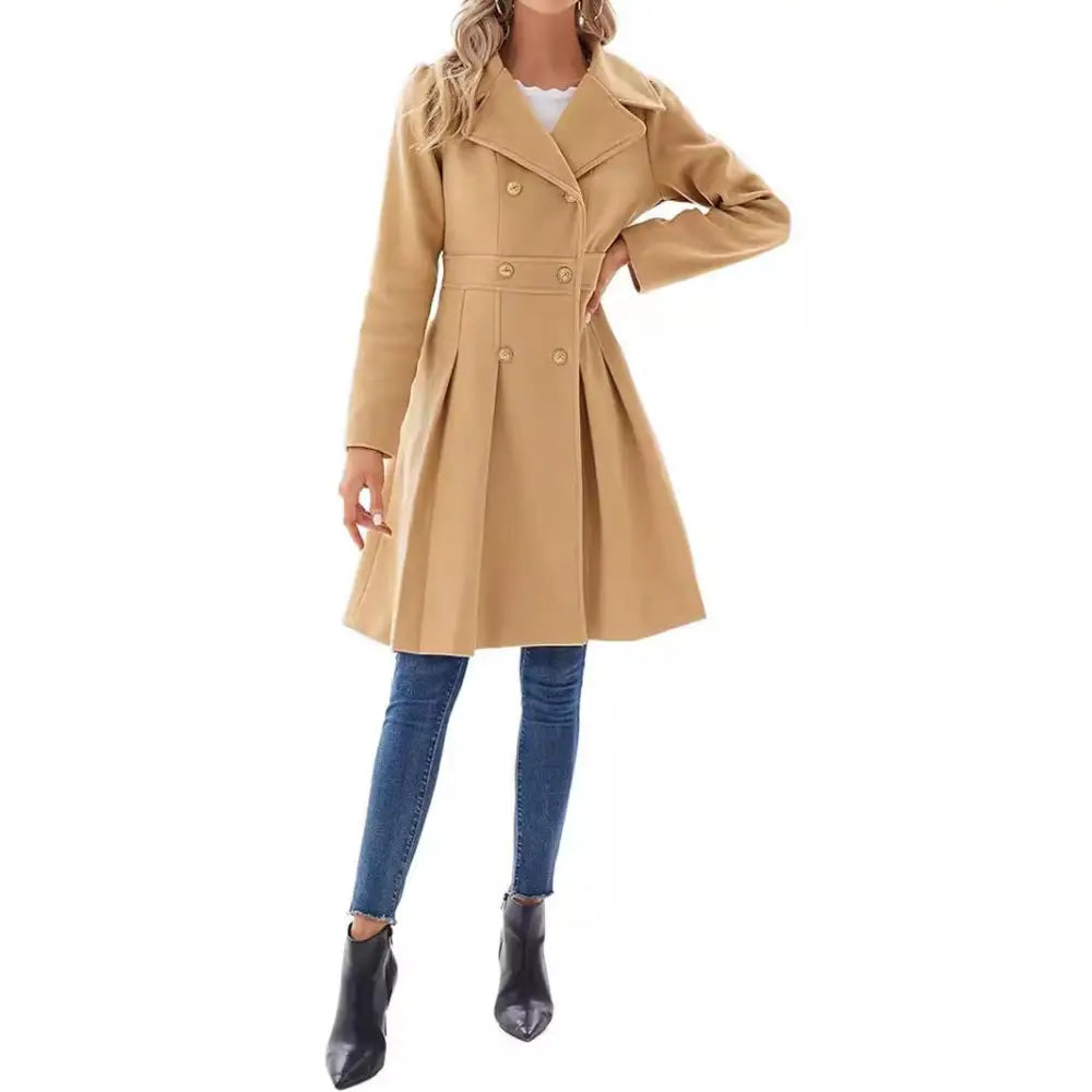 Tan double-breasted pleated coat.
