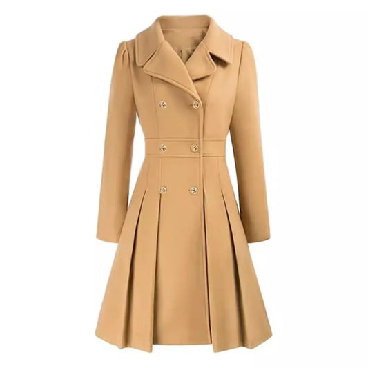 Tan double-breasted pleated coat.