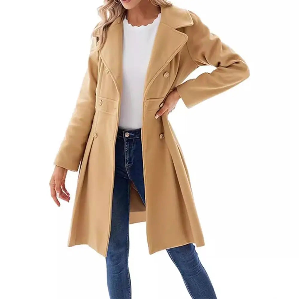 Tan double-breasted wool coat.