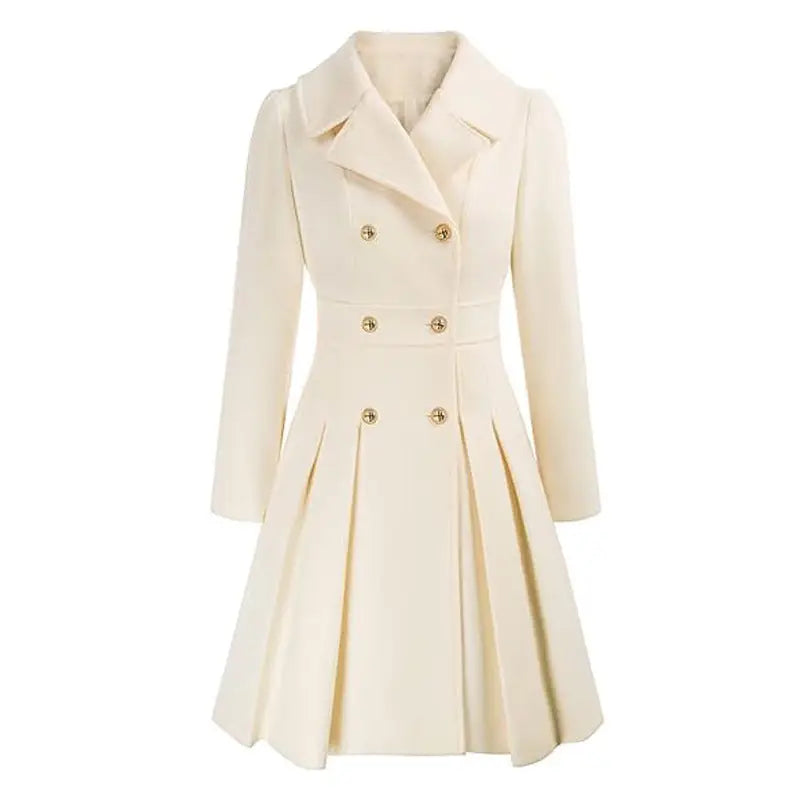 Cream-colored, double-breasted, pleated coat.