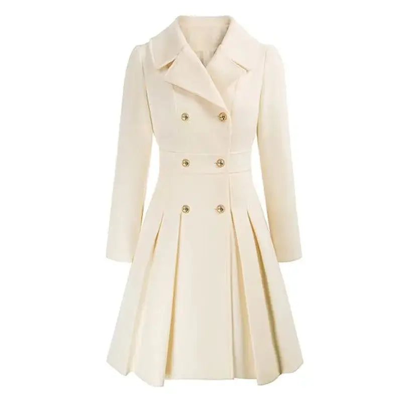 Cream-colored, double-breasted, pleated coat.