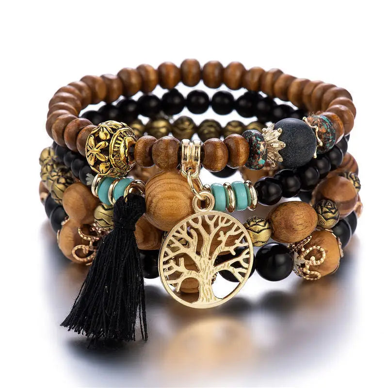 Layered Wood Bead Bracelet - B0010 Black