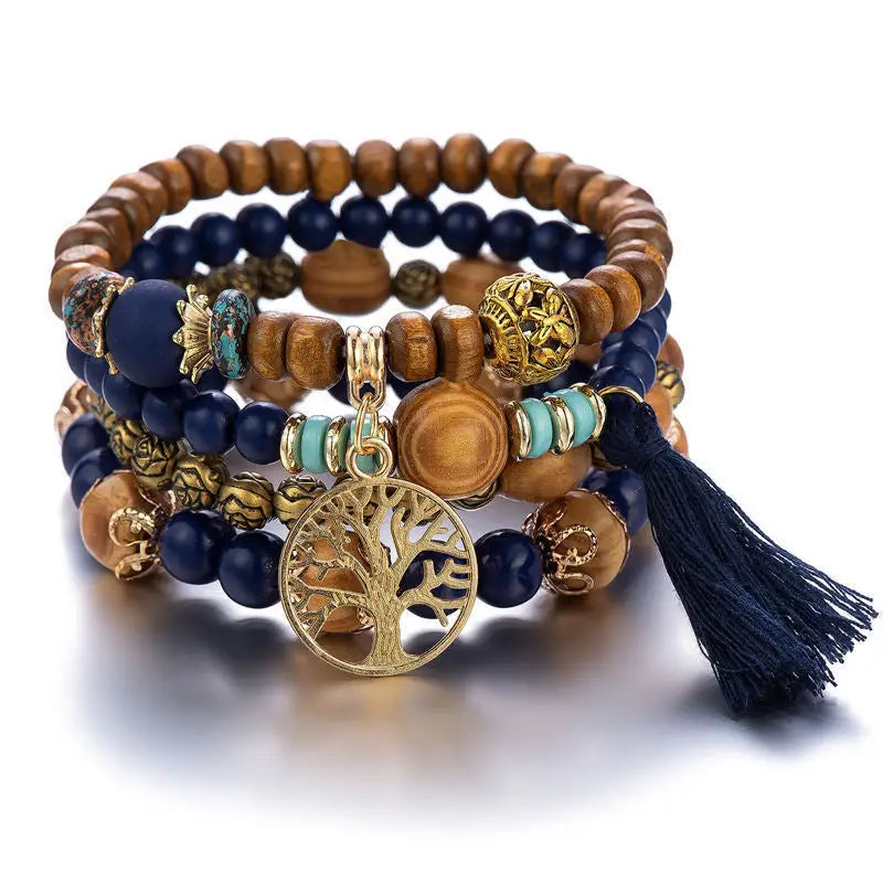Layered Wood Bead Bracelet - B0010 Blue Black