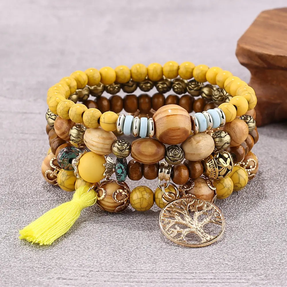 Layered Wood Bead Bracelet - B0010 Yellow