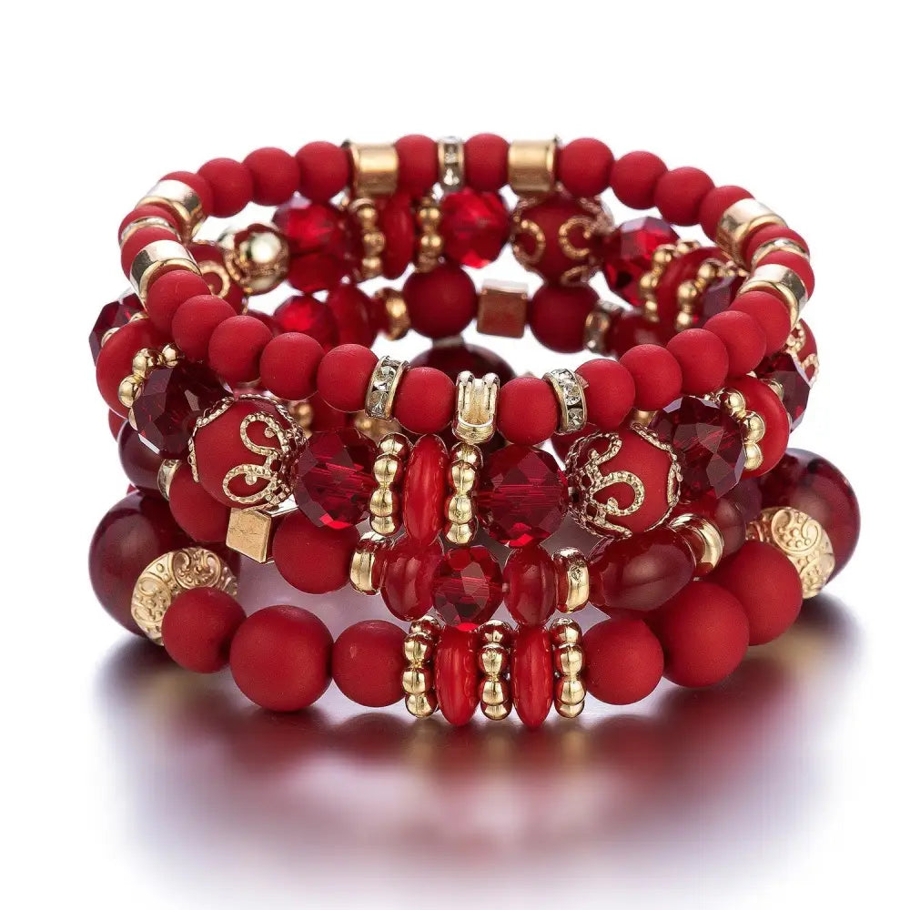 Layered Wood Bead Bracelet - B0013 Red