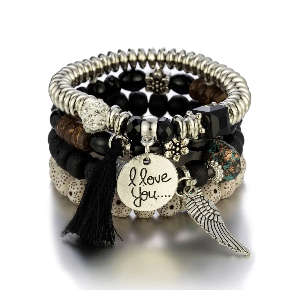 Layered Wood Bead Bracelet - B0038 Black