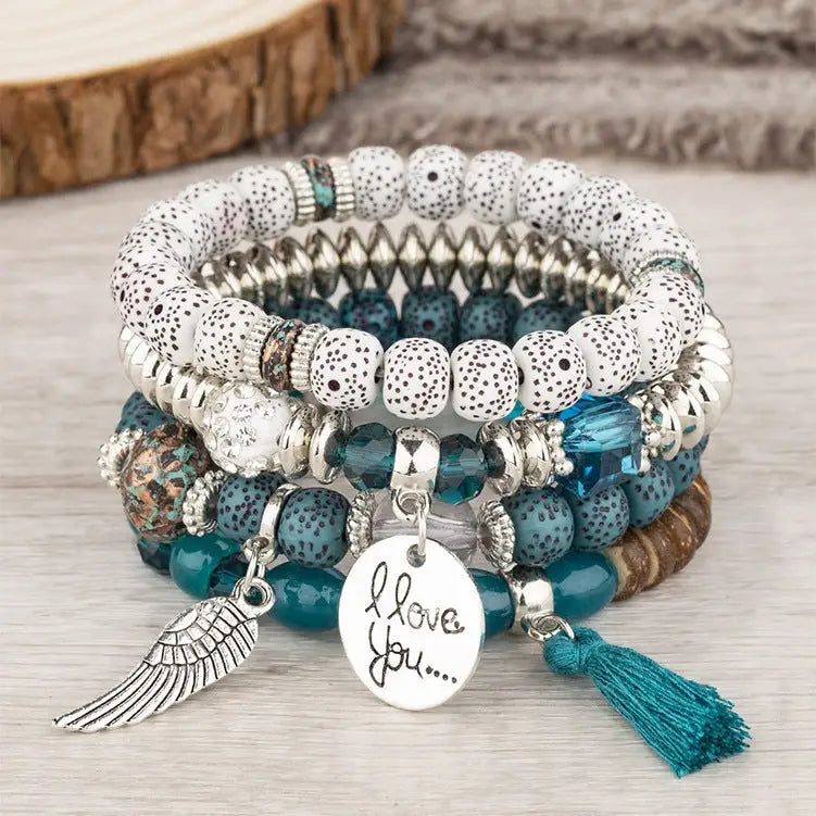 Layered Wood Bead Bracelet - B0038 Dark Blue