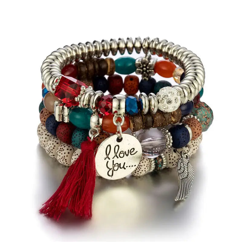 Layered Wood Bead Bracelet - B0038 Dark Mix