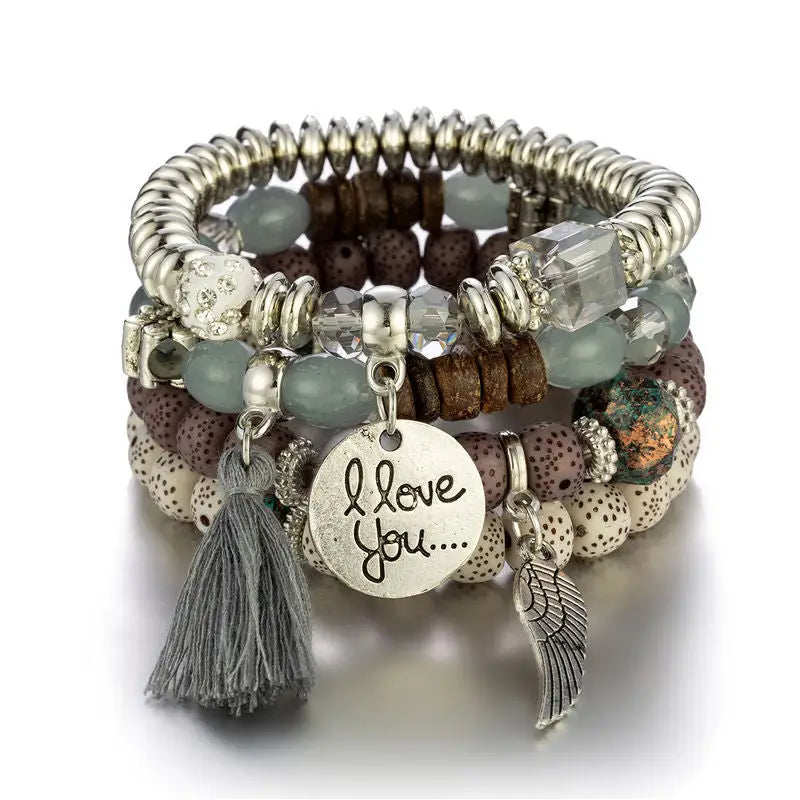 Layered Wood Bead Bracelet - B0038 Gray