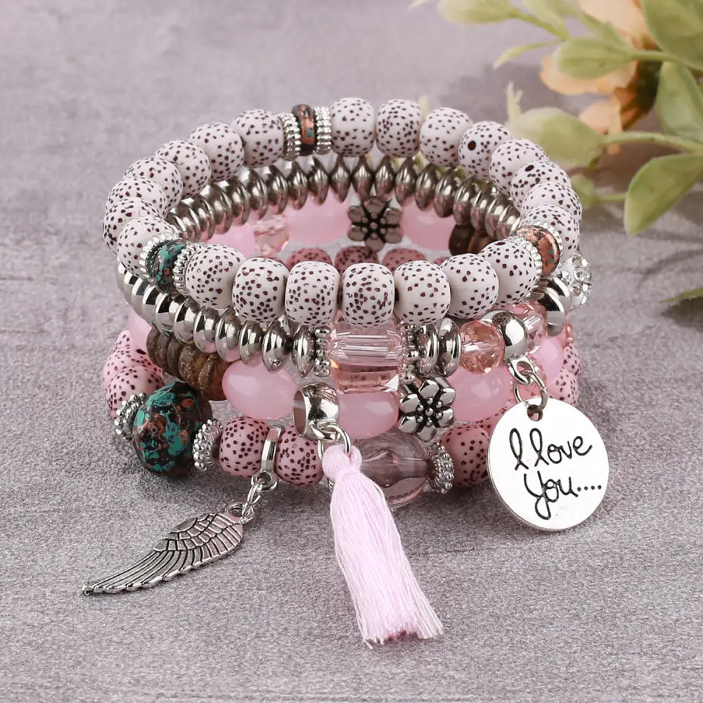 Layered Wood Bead Bracelet - B0038 Pink