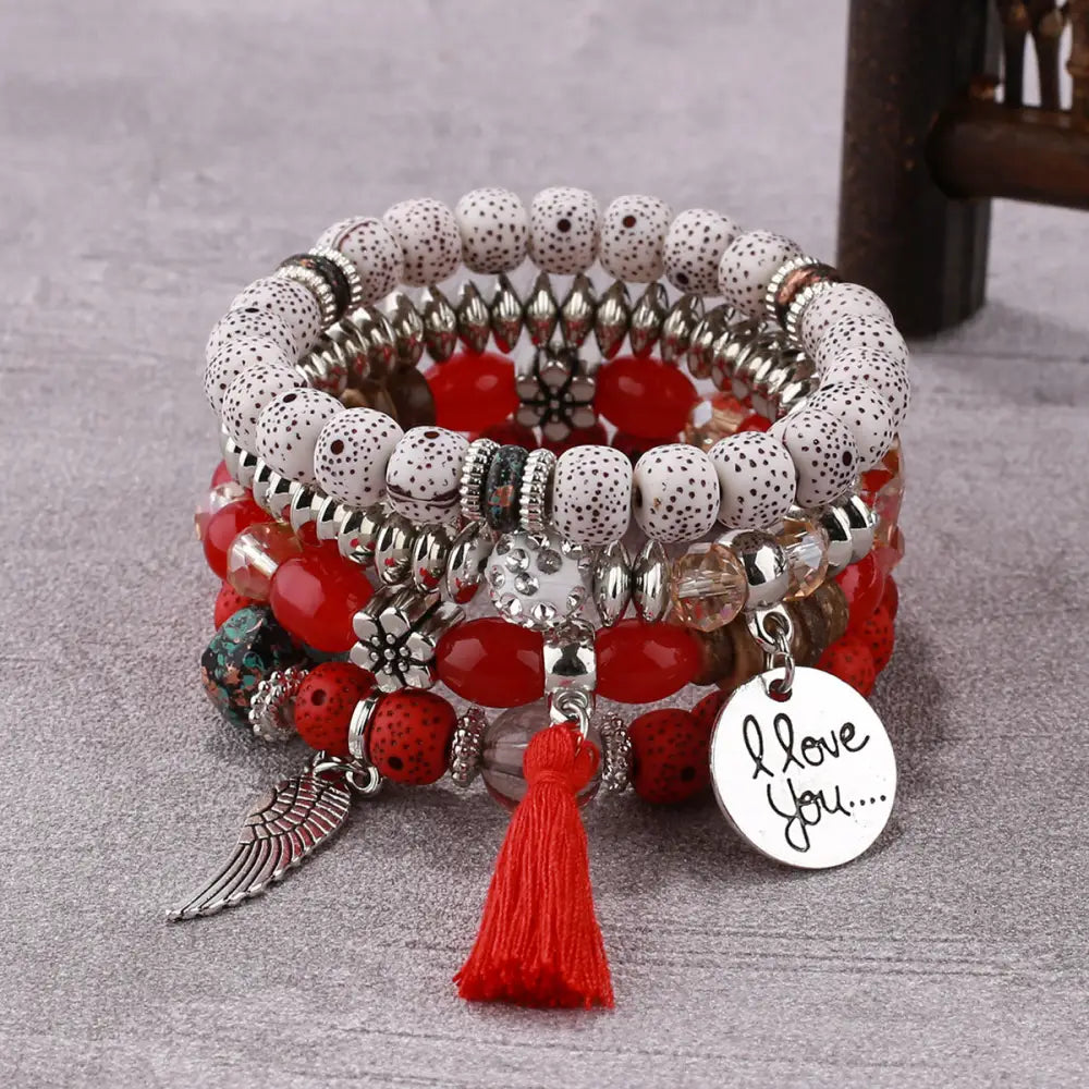Layered Wood Bead Bracelet - B0038 Red
