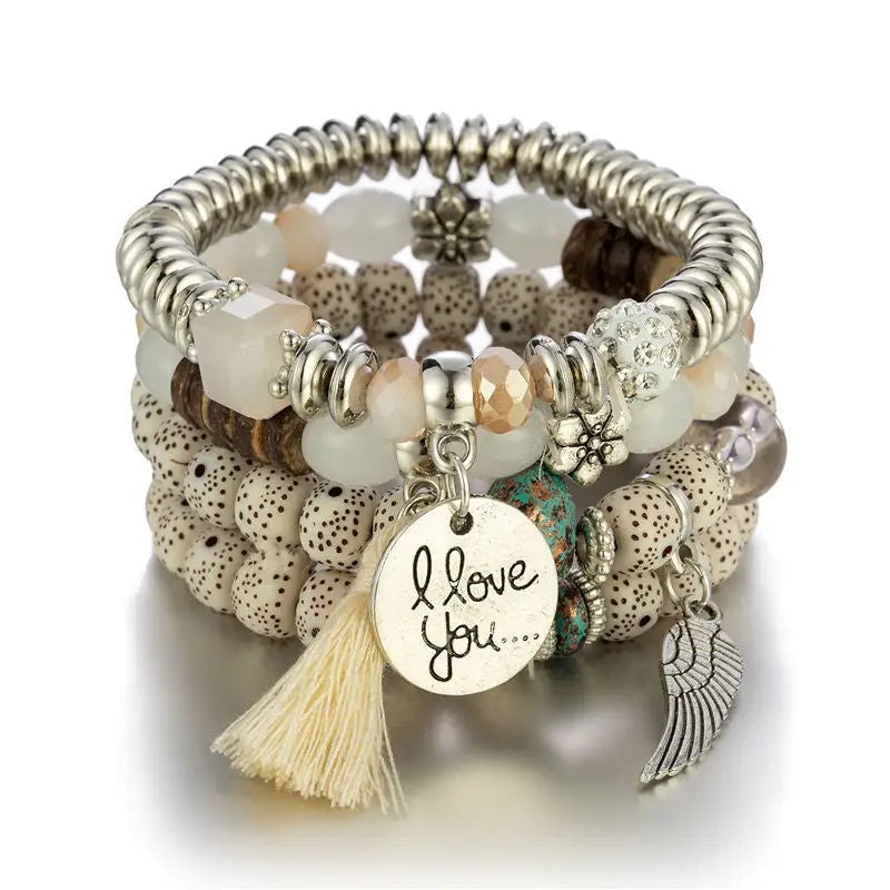 Layered Wood Bead Bracelet - B0038 White