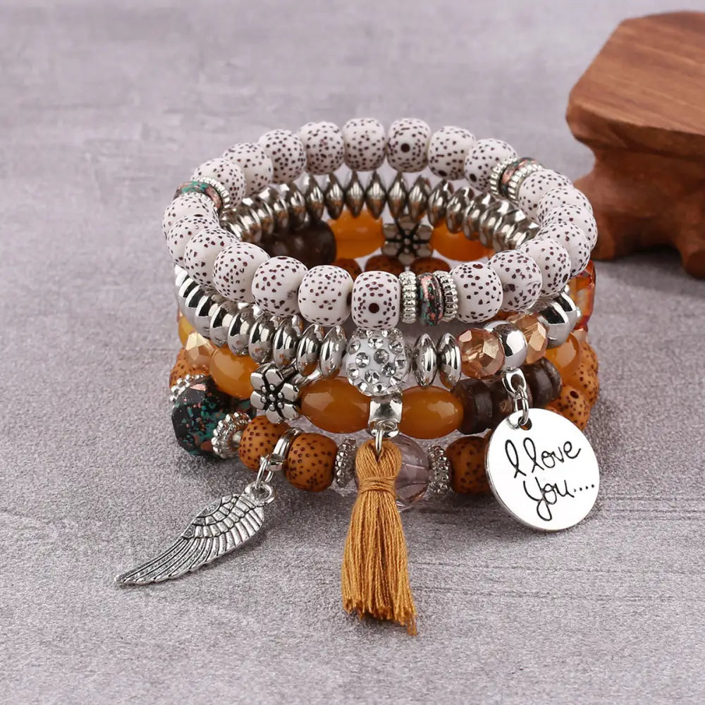 Layered Wood Bead Bracelet - B0038 Yellow Coffee