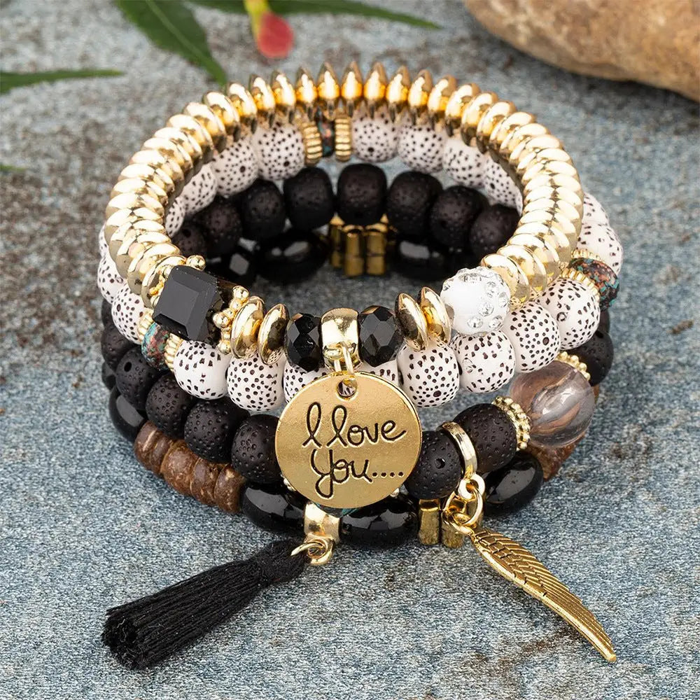 Layered Wood Bead Bracelet - B1038 Black