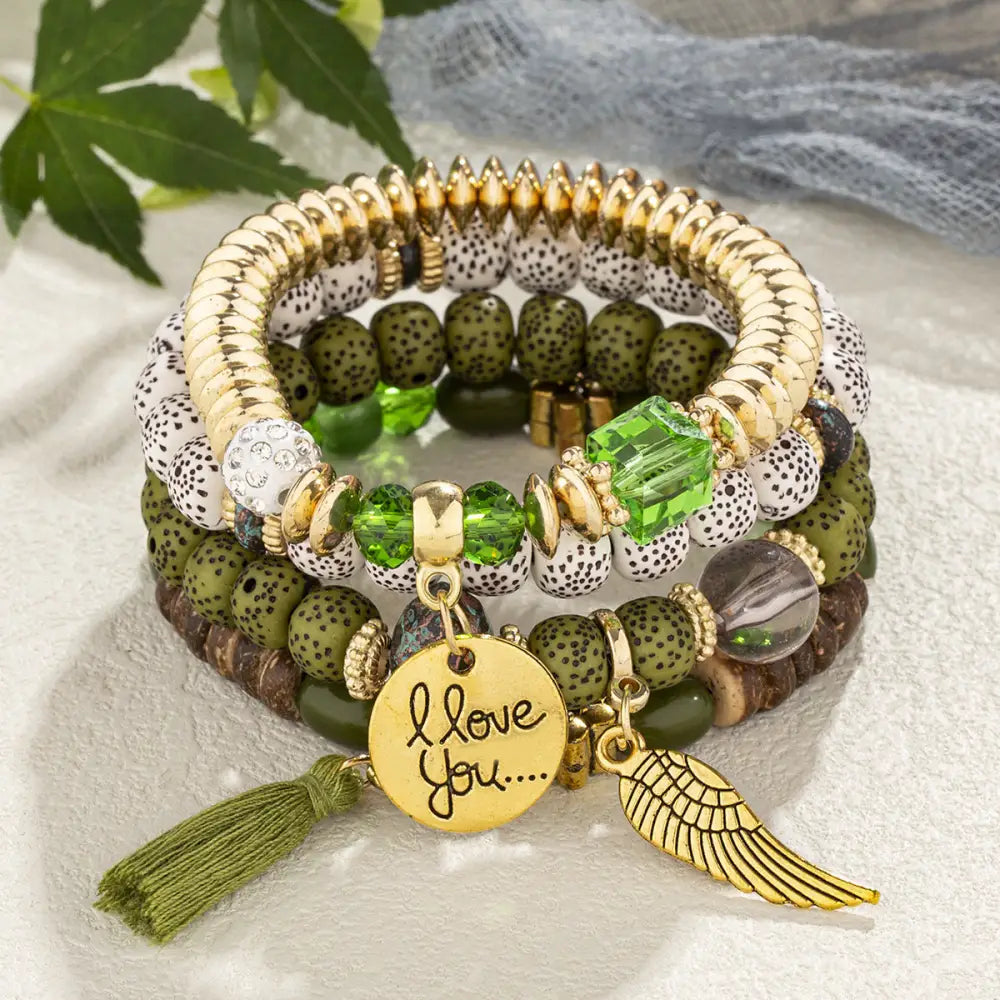Layered Wood Bead Bracelet - B1038 Green