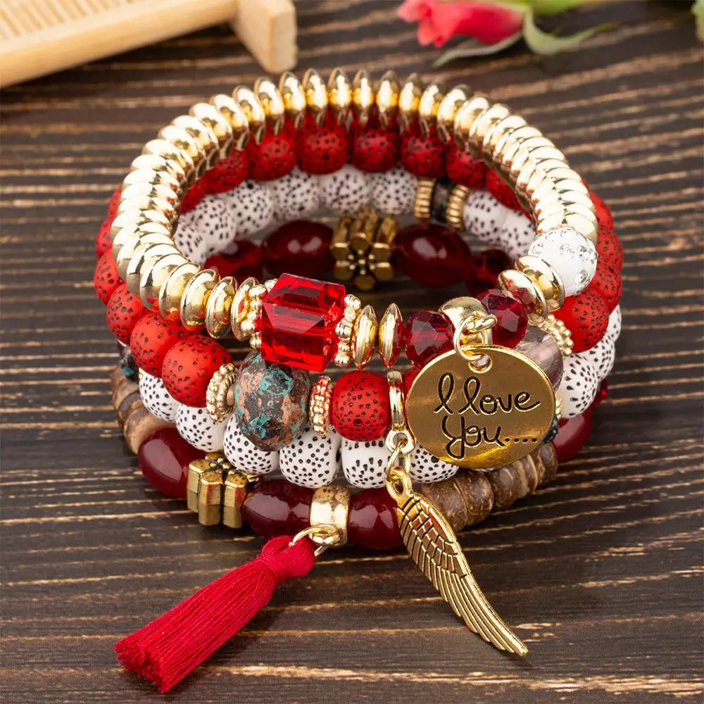 Layered Wood Bead Bracelet - B1038 Red
