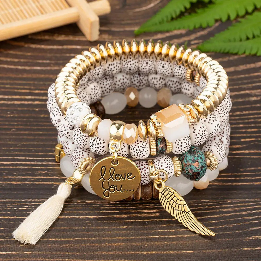Layered Wood Bead Bracelet - B1038 White