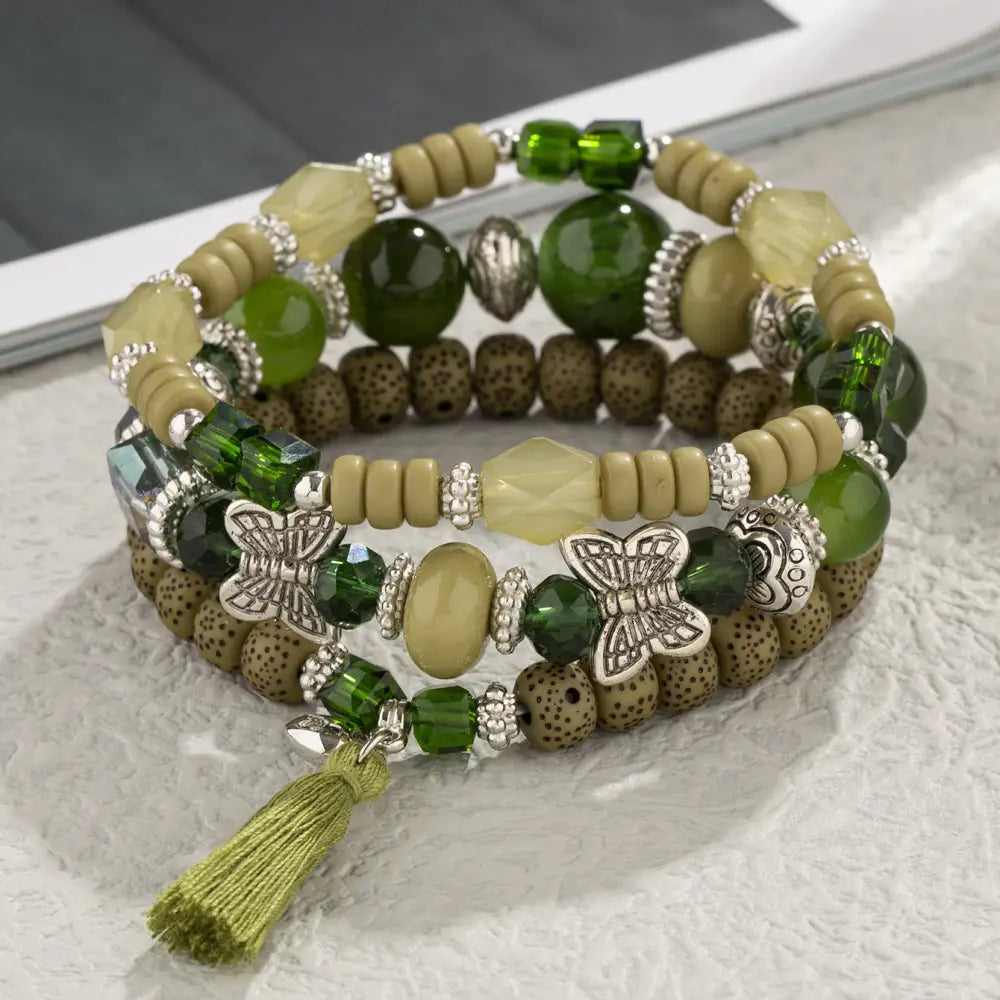 Layered Wood Bead Bracelet - B104 Army Green