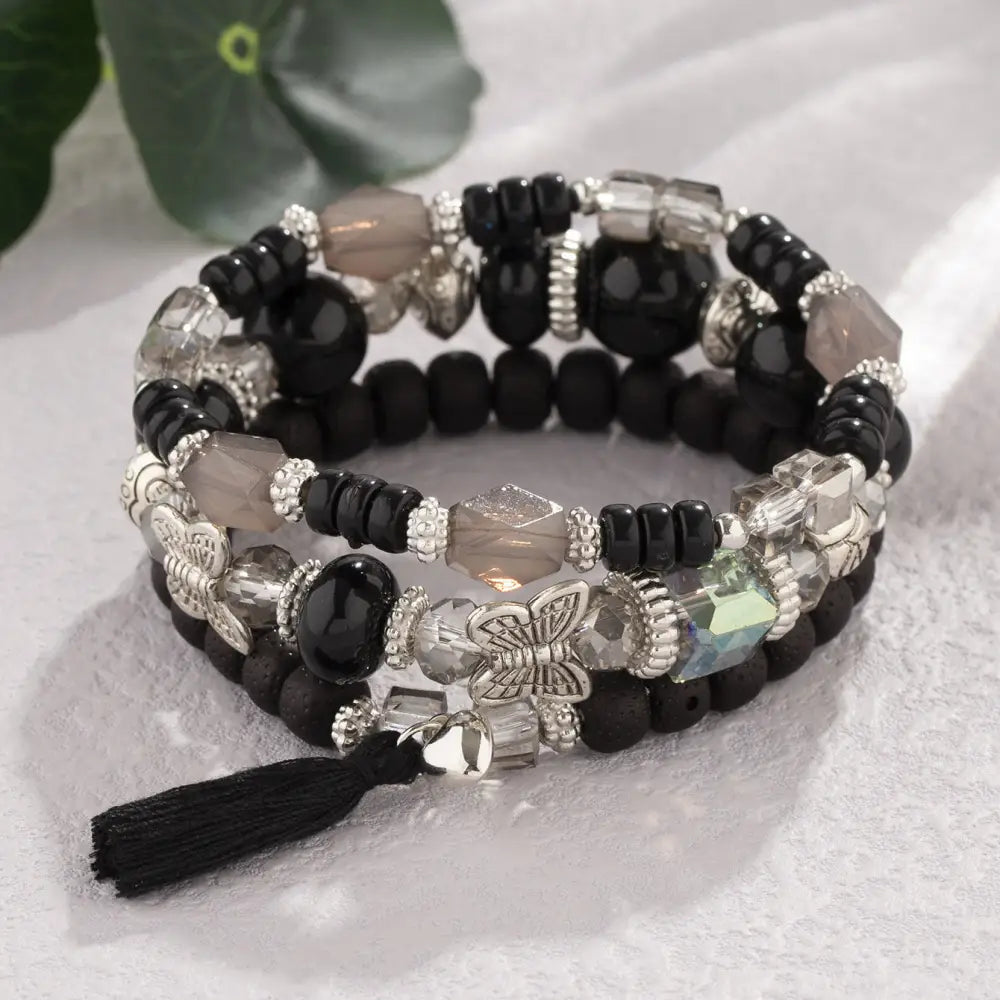 Layered Wood Bead Bracelet - B104 Black