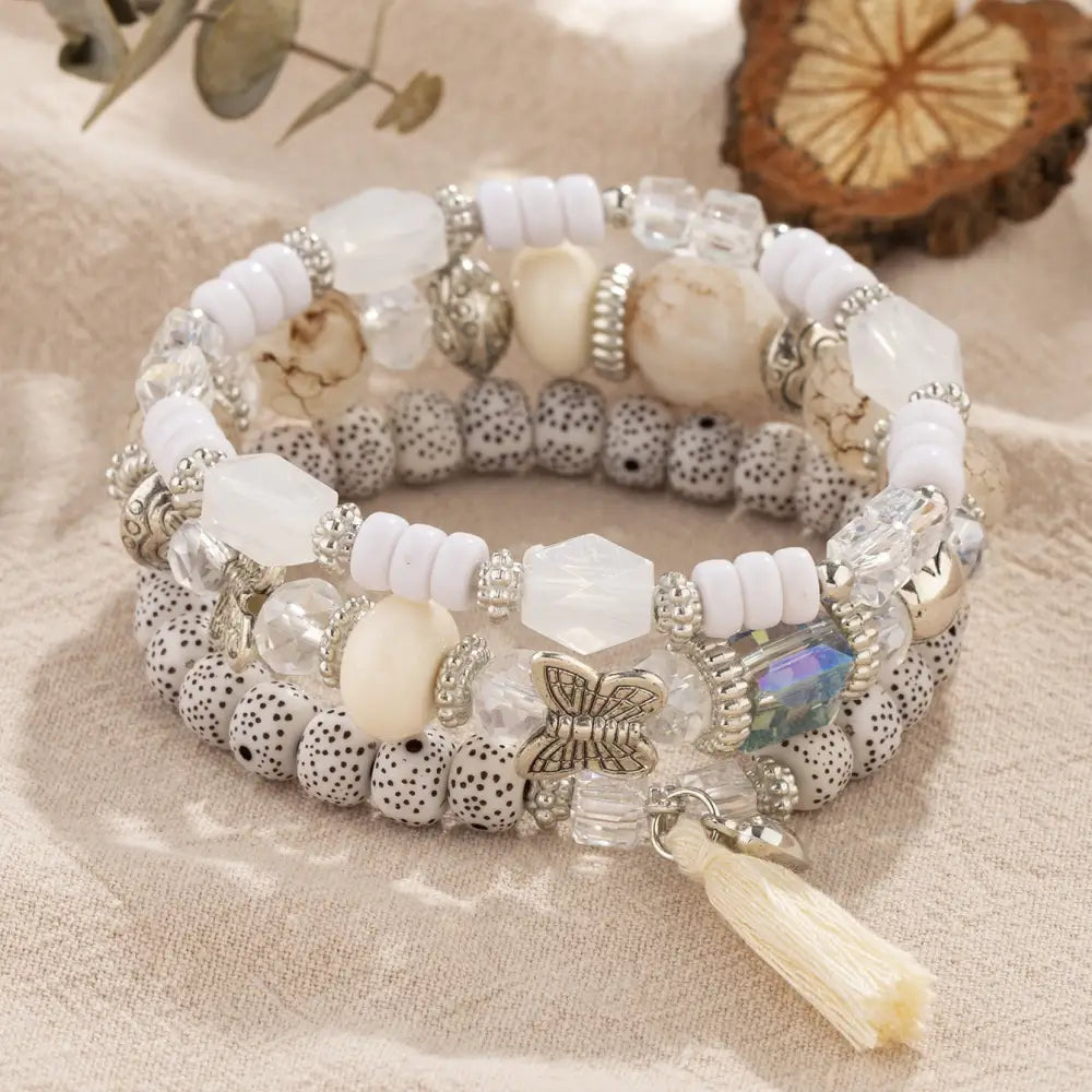 Layered Wood Bead Bracelet - B104 White