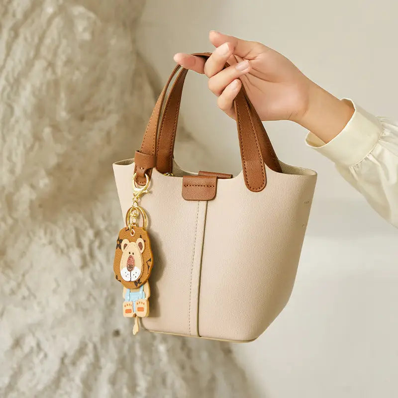 Leather Bucket Style Suitcase Outer Bag with Sandwich Pocket - Alagas White / 12.5X12.5X16.5CM