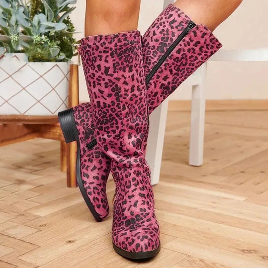 Leopard Print Cotton Chunky Heel Shoes with Rubber Sole