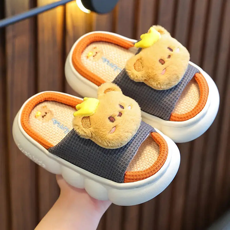 Linen Baby Slippers - Gray Bear / 24 Size 25