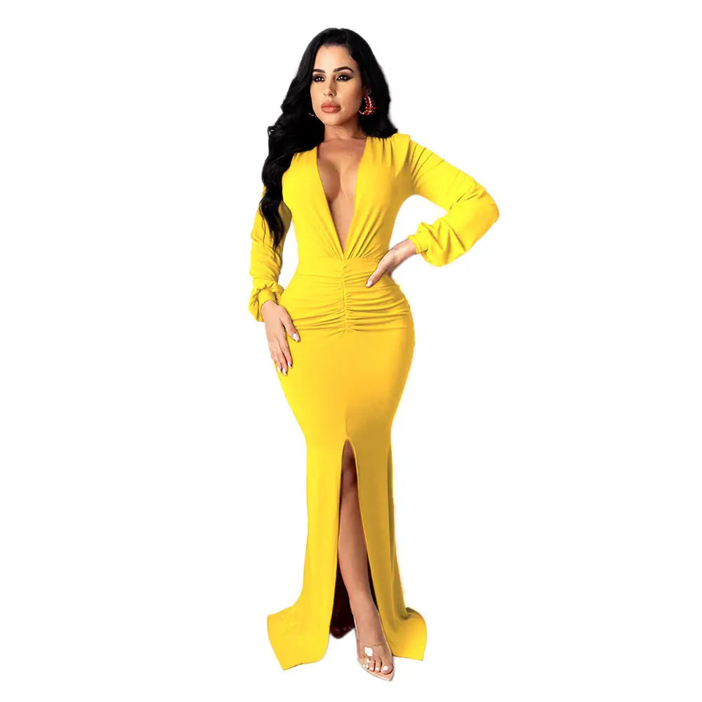 Long Sleeve High Waist Dress in Multiple Colors Polyester Fabric - Yellow / S