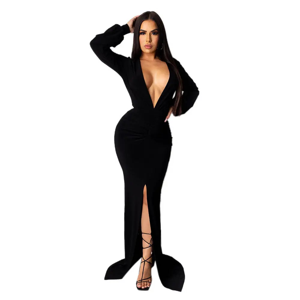 Long Sleeve High Waist Dress in Multiple Colors Polyester Fabric - Black / S