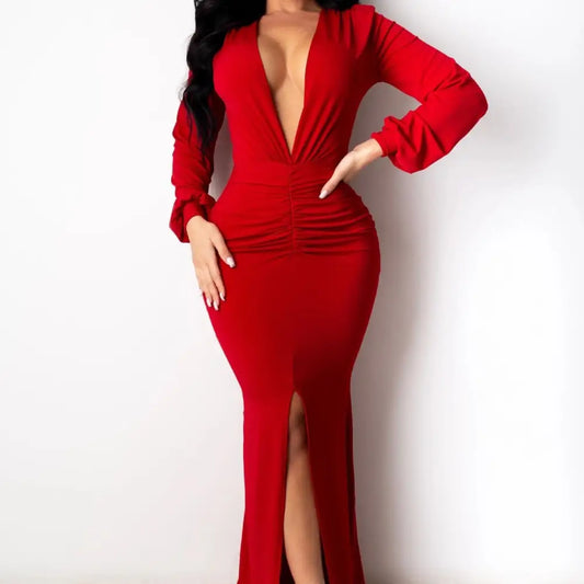 Long Sleeve High Waist Dress in Multiple Colors Polyester Fabric