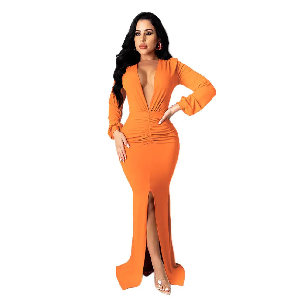 Long Sleeve High Waist Dress in Multiple Colors Polyester Fabric