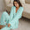 Long Sleeve Knitted Thermal Pajamas Loose Trousers Underwear Three-piece Set - Blue / S