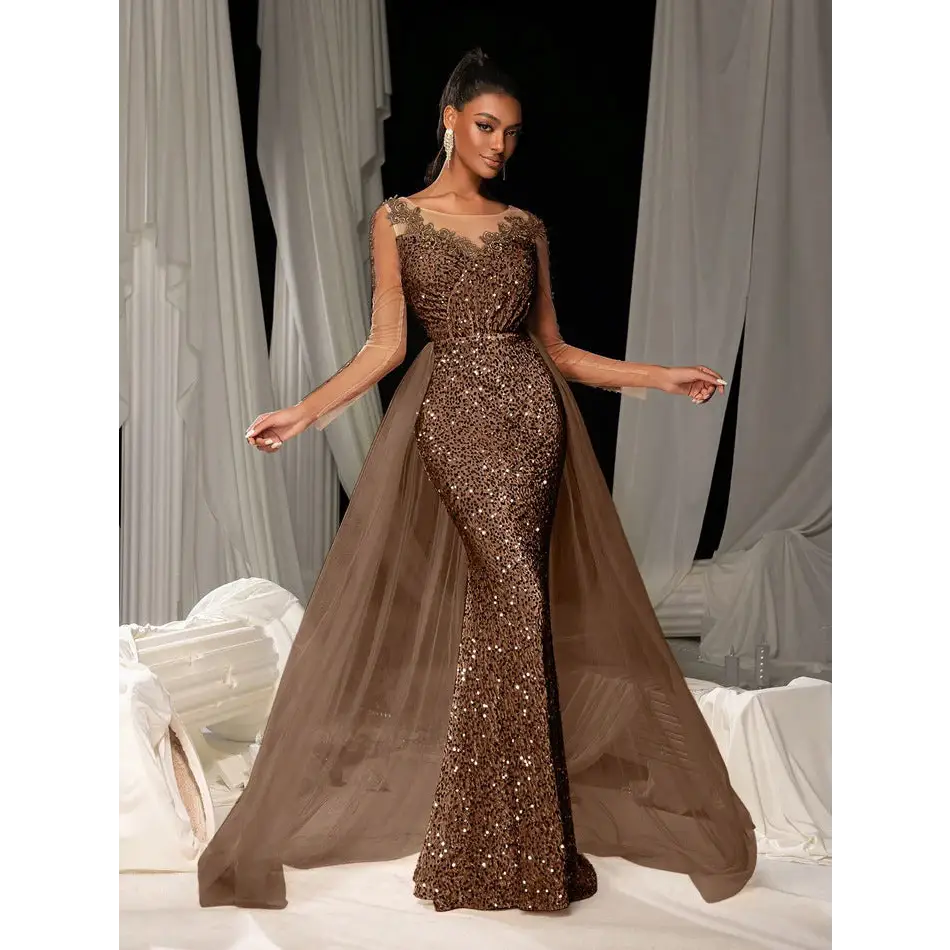 Long Sleeve Polyester Maxi Skirt Dress for Women - Dark Brown / S