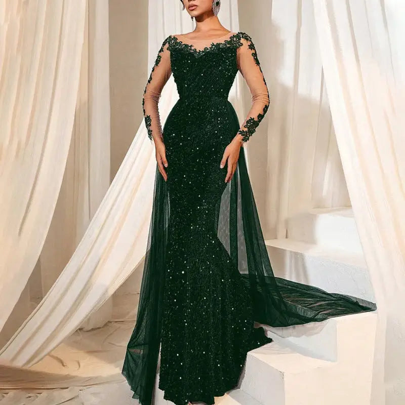 Long Sleeve Polyester Maxi Skirt Dress for Women - Dark Green / S