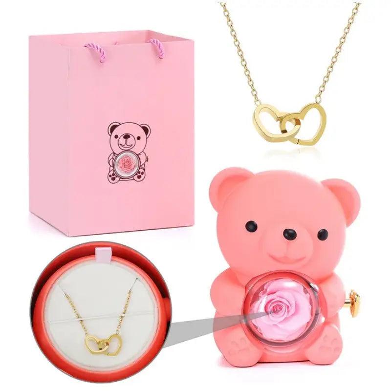 Love Duo Necklace - Pink Bear Necklace / Copper
