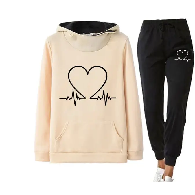Love Heart Hoodie & Pants Set - Khaki / S