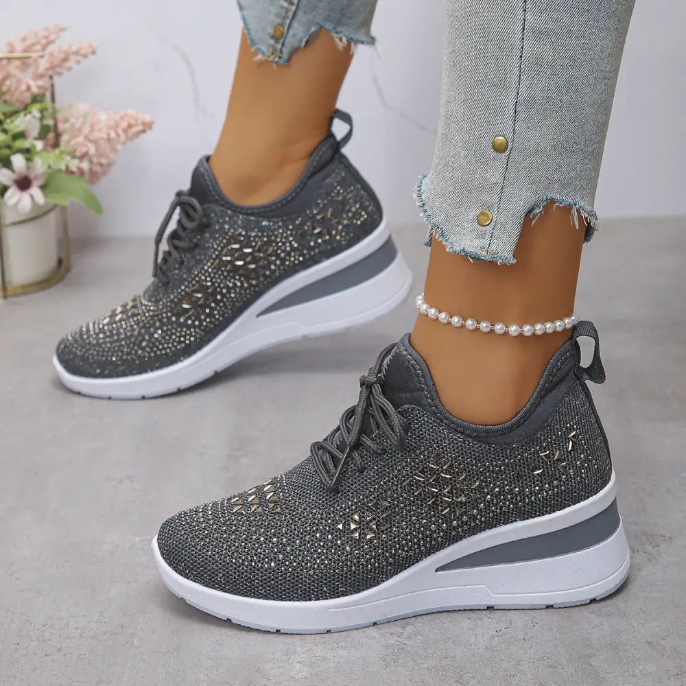 Low Top Wedge Heel Tennis Shoes with Mesh Upper in Multiple Colors - Dark Gray / 36