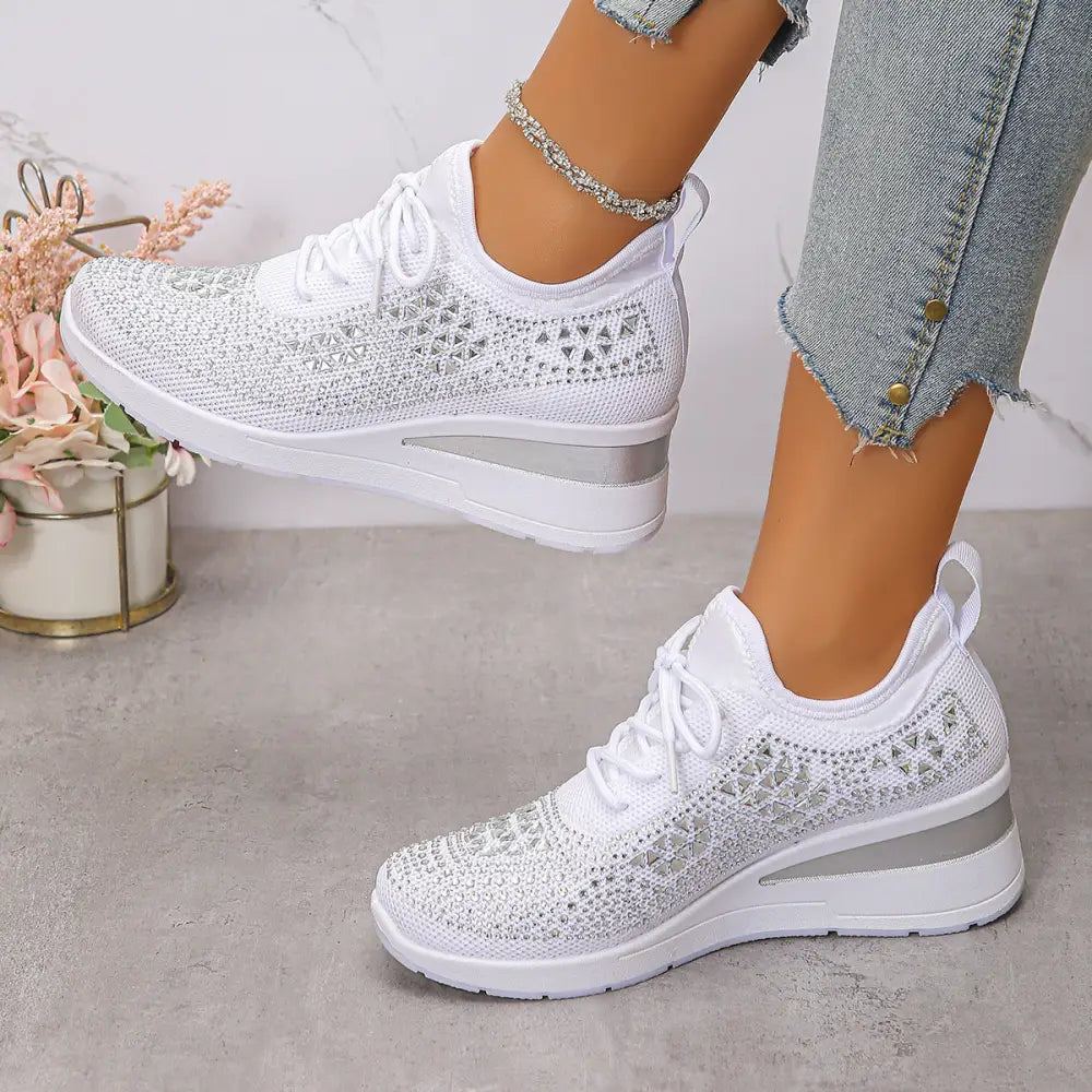Low Top Wedge Heel Tennis Shoes with Mesh Upper in Multiple Colors - White / 36