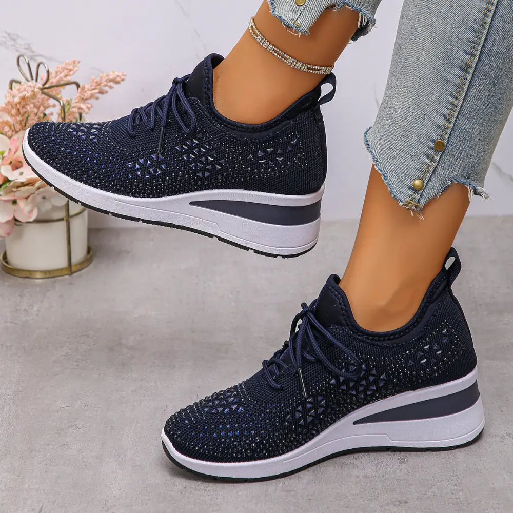 Low Top Wedge Heel Tennis Shoes with Mesh Upper in Multiple Colors - Dark Blue / 36