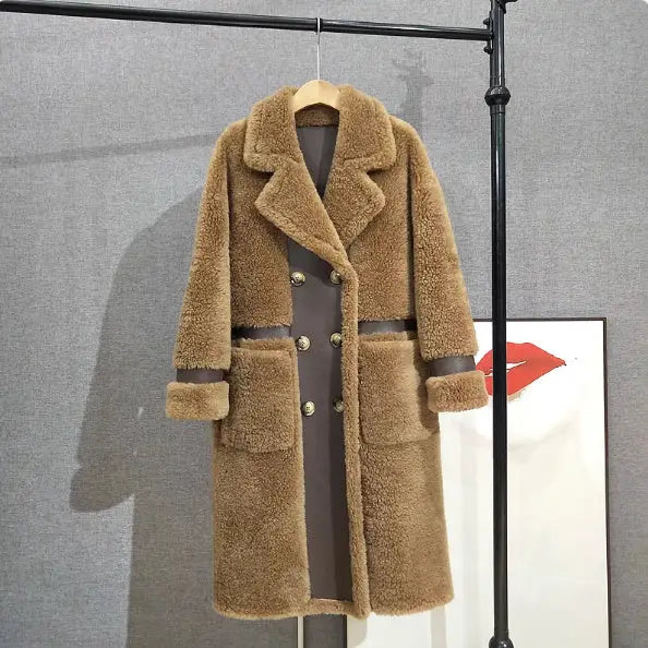 Brown shearling double-breasted coat.