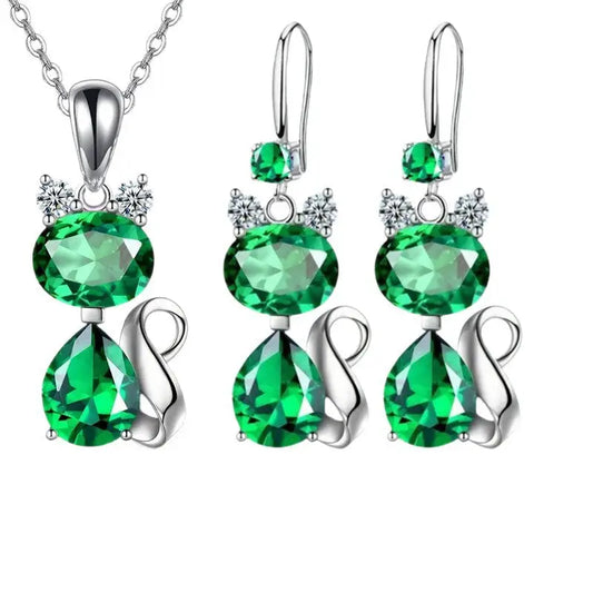 Luxe Shine: Cat Pendant Necklace & Earring Set
