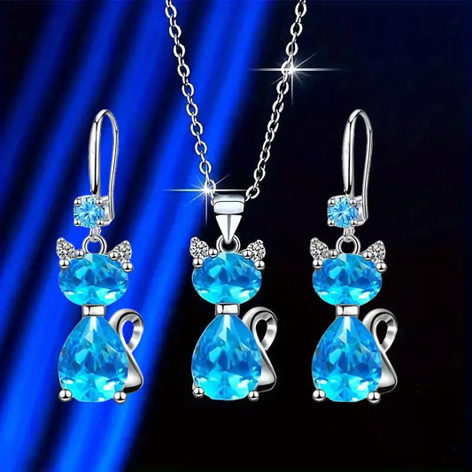 Luxe Shine: Cat Pendant Necklace & Earring Set