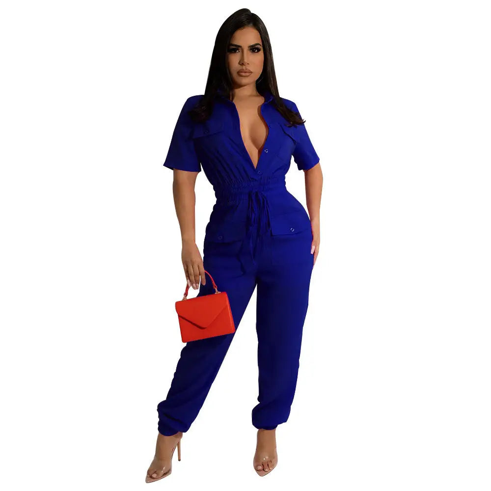 LuxeLace One-Piece Jumpsuit - Blue / S