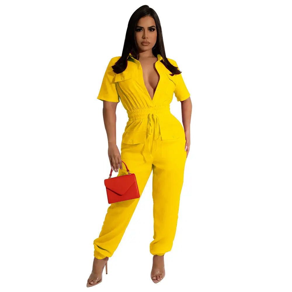 LuxeLace One-Piece Jumpsuit - Yellow / S