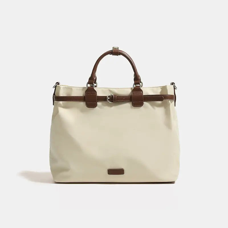 Medium Nylon Tote Bag with Open Pocket in Multiple Colors - Beige White / 35X11X28cm