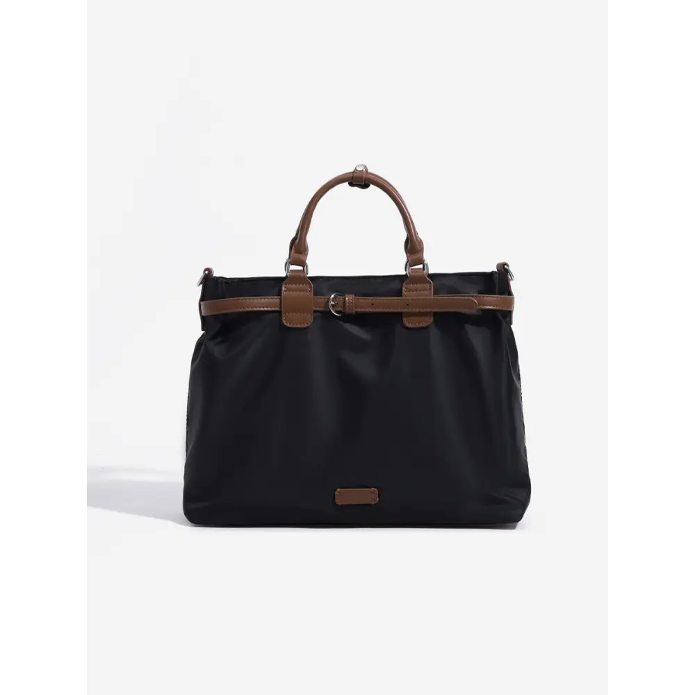Medium Nylon Tote Bag with Open Pocket in Multiple Colors - Black With Brown / 35X11X28cm