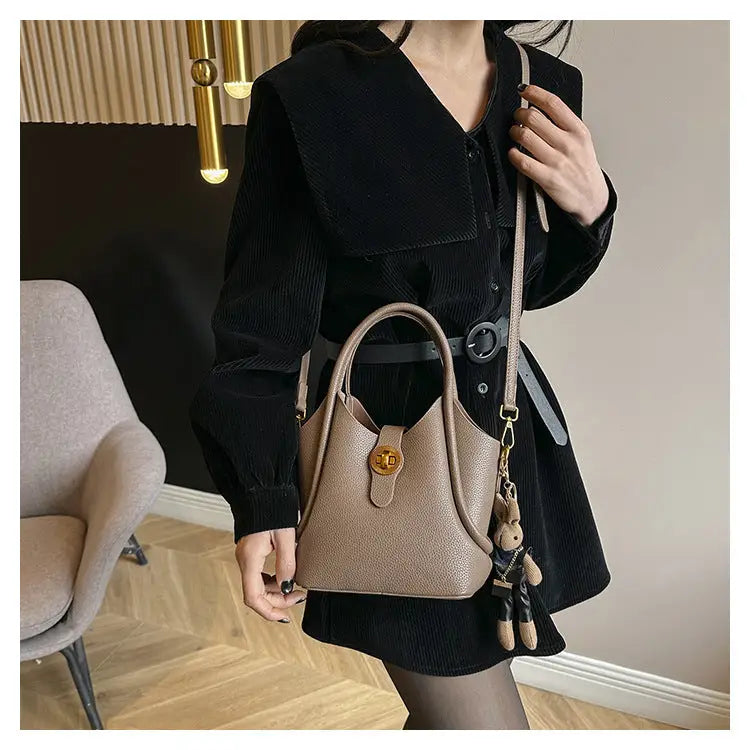 Medium PU Bucket Bag with Stitching and Multiple Pockets