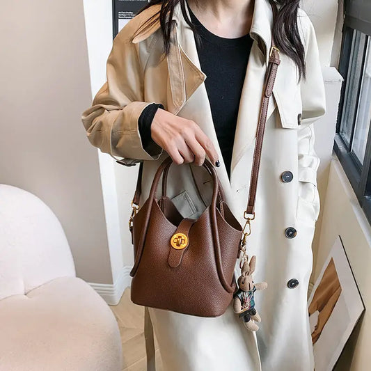 Medium PU Bucket Bag with Stitching and Multiple Pockets