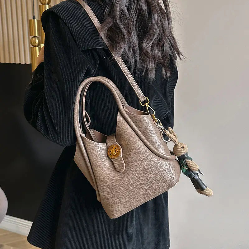 Medium PU Bucket Bag with Stitching and Multiple Pockets